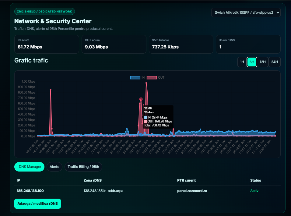 Monitorizare trafic port dedicat server Royal Server - IN si OUT